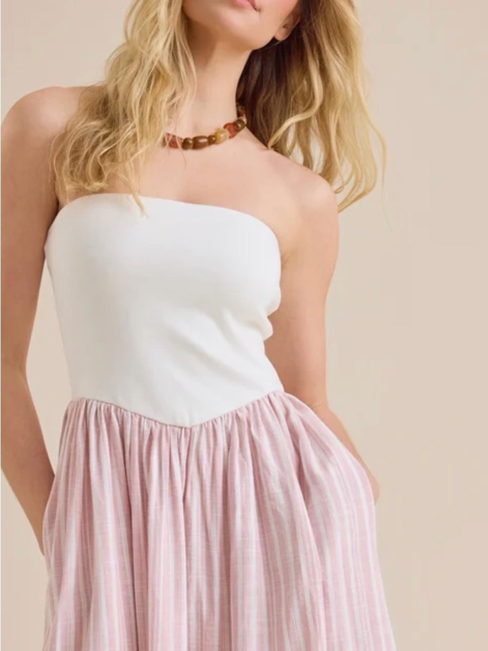 Strapless White Bodice with Pink Stripe Midi Dress - Picture 2 of 4